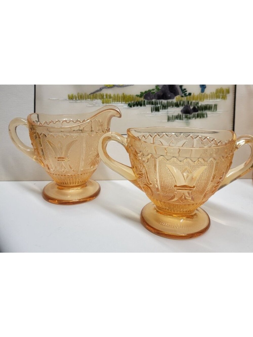 Westmoreland Glass Princess Feather Amber Golden Sunset Sugar Bowl & Creamer Set